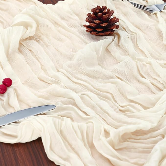 12 Pack Ivory White Cheesecloth Table Runner 120 Inch 10FT Cheese Cloth Runners for Soccer Party Theme, Wedding Decoration, Banquet, Boho Decor