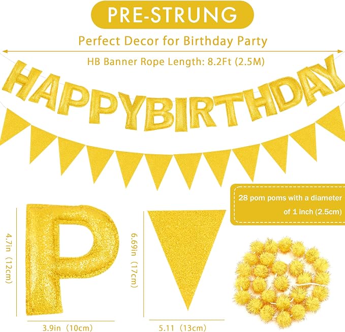 CANREVEL Pre-Strung 3D Happy Birthday Banner, 3 PCS Happy Birthday Garland Felt, Pom Pom Garland, Triangle Fabric Garland Bunting, Reusable Birthday Decorations for Women Men Girls Boys, Gold