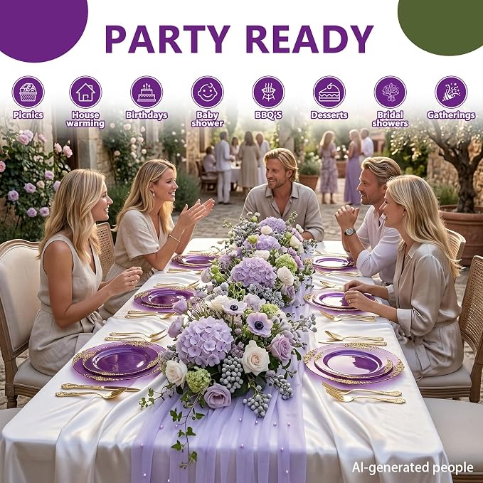 102PCS Purple and Gold Plastic Plates - High End Purple Disposable Plate - Vintage Dinner & Dessert Plates for 51 Guests Birthday Party Wedding