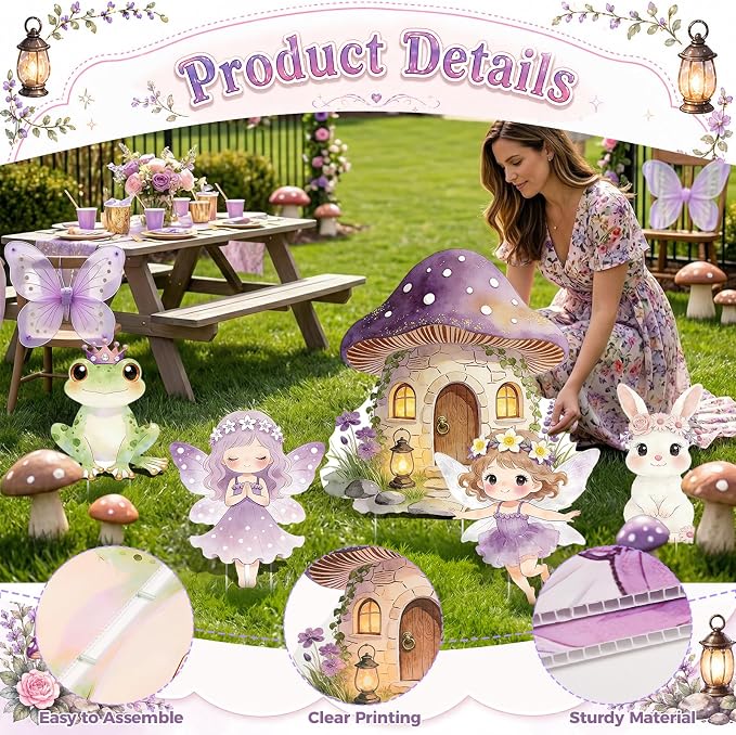 5PCS Purple Fairy First Birthday Decorations, Magical Woodland Cardboard Cutouts Corrugated Plastic Yard Signs Enchanted Garden Themed Party Supplies Princess Baby Shower Photo Props