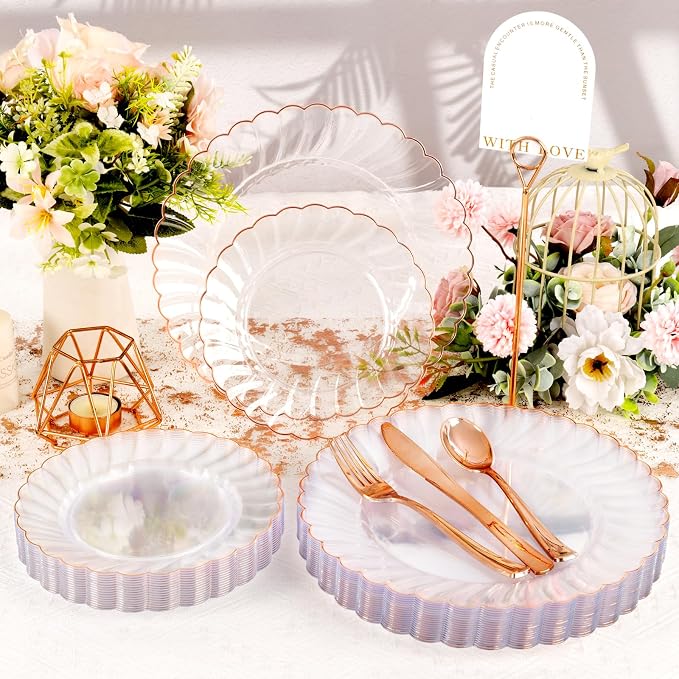 YOUBET 60PCS Rose Gold Plastic Plates - Scalloped Disposable Plates include 30 Dinner Plate, 30 Dessert Plate for Party & Wedding & Baby Shower