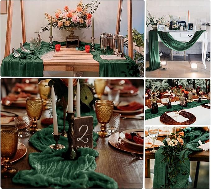 8 Pack Emerald Green Cheesecloth Table Runner 10Ft Gauze Cheese Cloth Table Runner 35 x 120Inch Boho Table Runners Romantic Table Cloth for Wedding Bridal Baby Shower Birthday Party Fall Table Decor