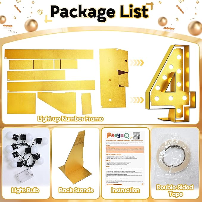 Light Up Number 4, Marquee Light Up Numbers Gold 4FT, Large Led Numbers Lights for 4th Birthday, 4 Feet Tall DIY Frame Pre-Cut Foam Board Kit for Night Light Party Anniversary Decorations