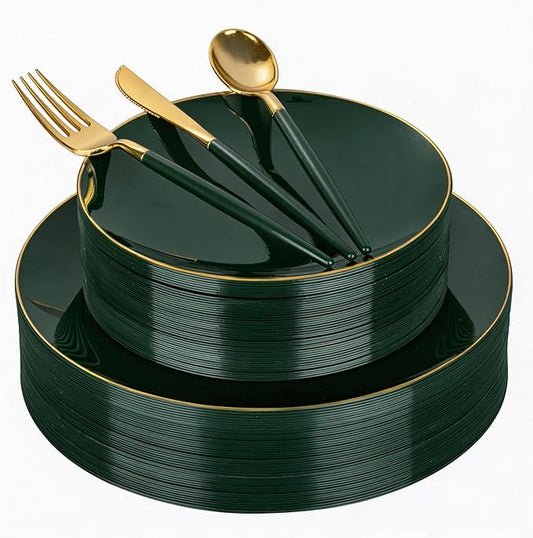 DaYammi 150Pcs Green Plastic Plates with Gold Rim,Gold and Green Disposable Plates with Cutlery Included 30 Dinner Plate,30 Dessert Plate,30 Knives,30 Forks,30 Spoon, green plates for Party Dinner