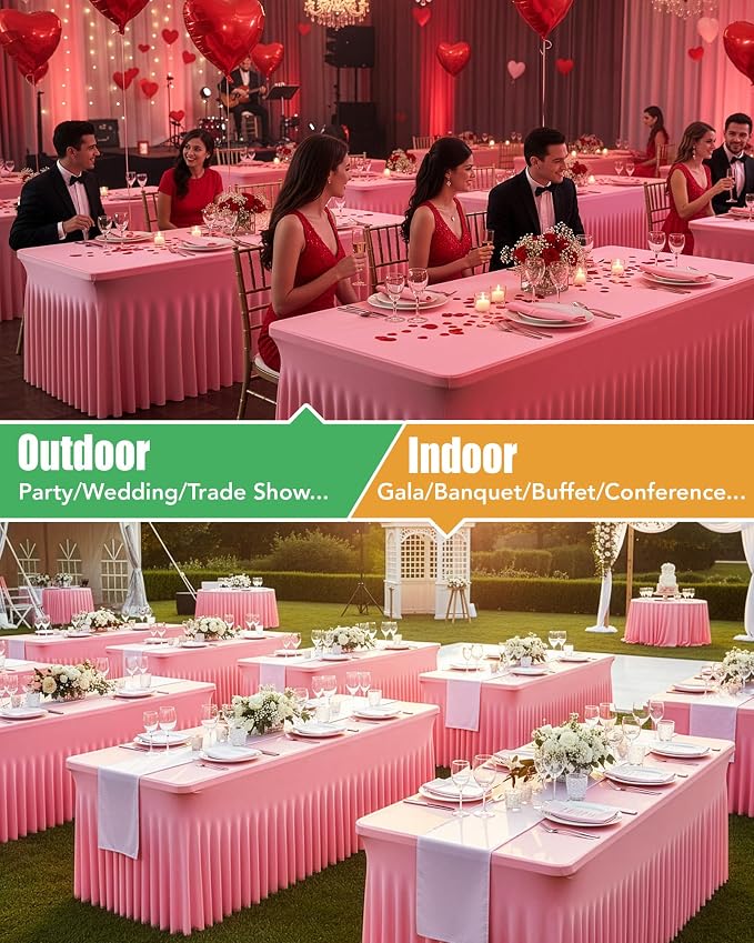 4 Pack Spandex Table Cover Skirts for 6ft Rectangle Tables, Pink Stretch Table Cloths with Floor-Length Ruffle, Elastic Fitted Skirted Tablecloth for Elegant Wedding Banquet Party Buffet Decoration
