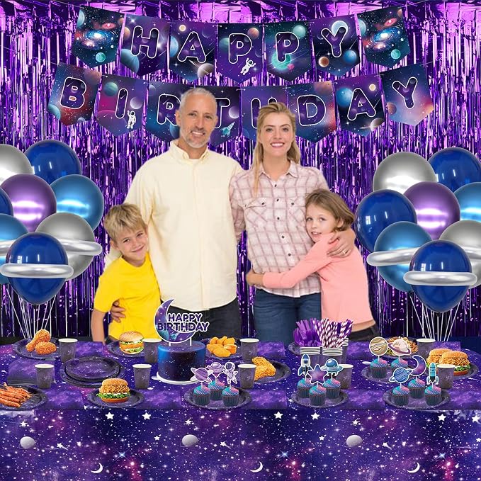 Galaxy Theme Party Decorations, Space Galaxy Happy Birthday Banner, Balloons, Tablecloth, Cupcake Toppers, Foil Curtains, Plates, Cups, Napkins, Galaxy Outer Space Birthday Party Supplies, Serves 20
