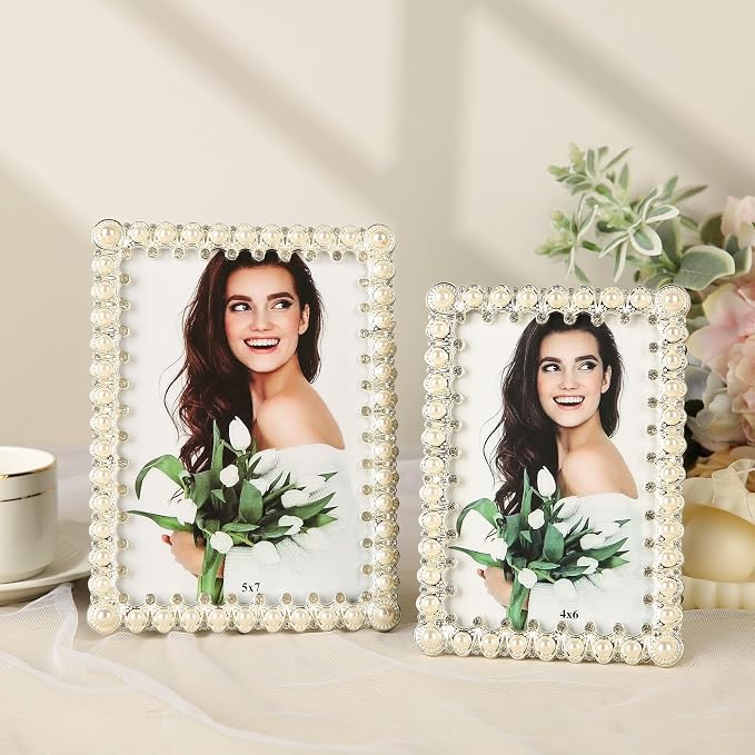 5x7 Picture Frame White Pearl Vintage Wedding Photo Frame with Glass Front | Elegant Art Decor Tabletop or Wall Display for Engagements, Anniversary, Graduation, Birthday Gifts for Women