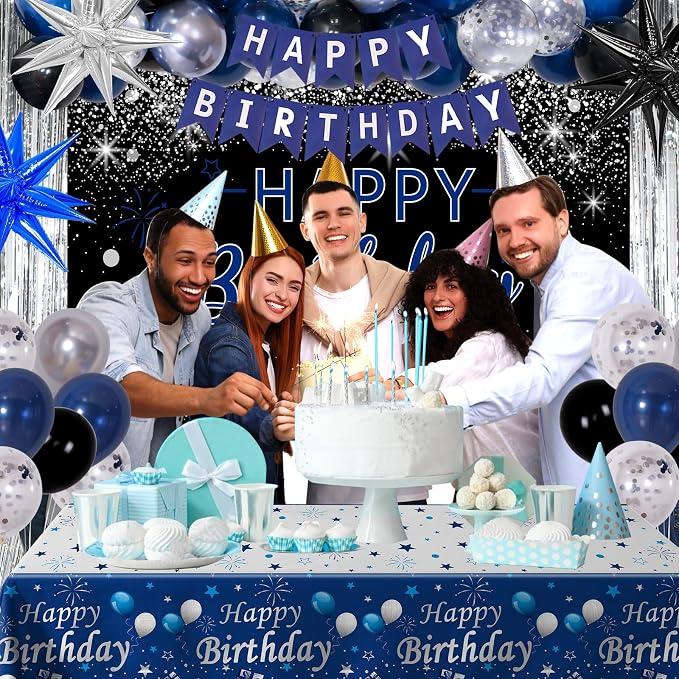 Blue and Black Birthday Decorations for Men Women, Happy Birthday Decorations for Boys Girls Silver Blue Party Decorations Backdrop Tablecloth Confetti Balloons Arch Kit Fringe Curtains Table Cover
