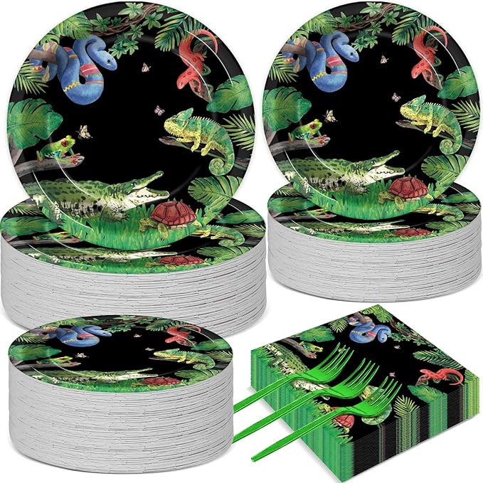 50 Guests Reptile Snake Party Plates and Napkins Party Supplies Jungle Swamp Snake Turtle Birthday Party Decorations Disposable Tableware Set Lizard Baby Shower Dinnerware Favor for Kids, 200PCS