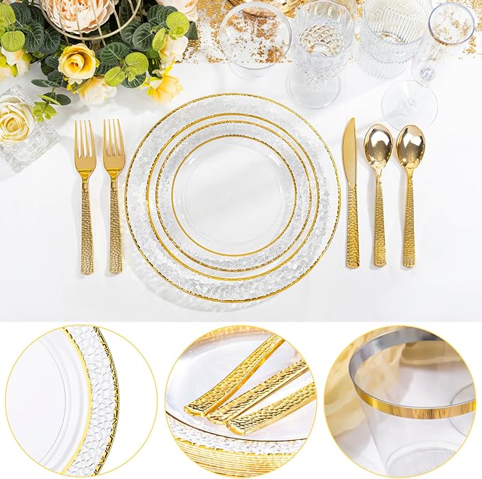 Ciaell 350PCS Clear Plastic Plates with Gold Trim for 50 Guests,Includes 100 Plastic Plates, 50 Pre Rolled Napkins with Gold Silverware, 50 Cups, Disposable Dinnerware Set for Wedding & Party