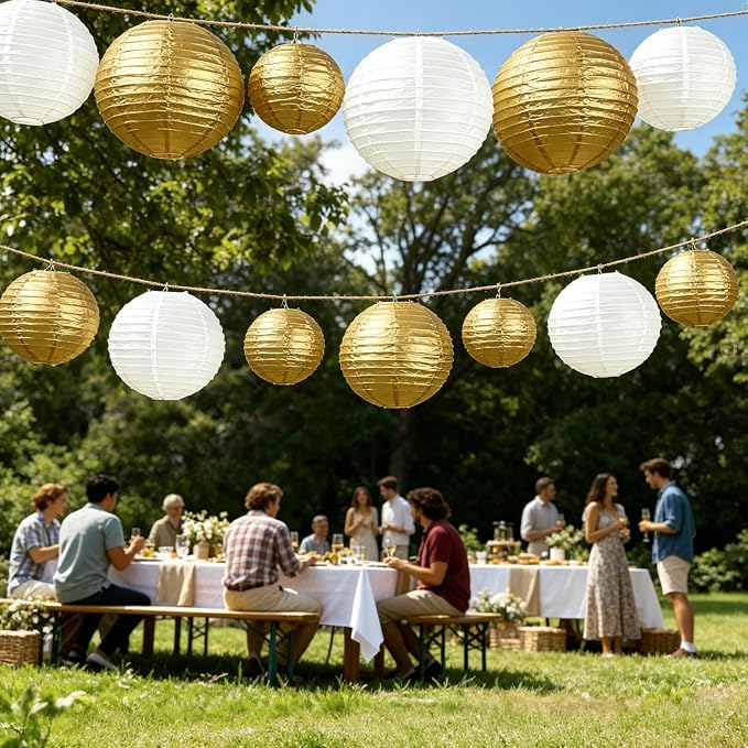 20Pcs Paper Lanterns Decorative, Gold and Ivory Round Hanging Paper Lanterns Decorations for Rustic Party Bridal Shower Wedding Birthday Party Supplies