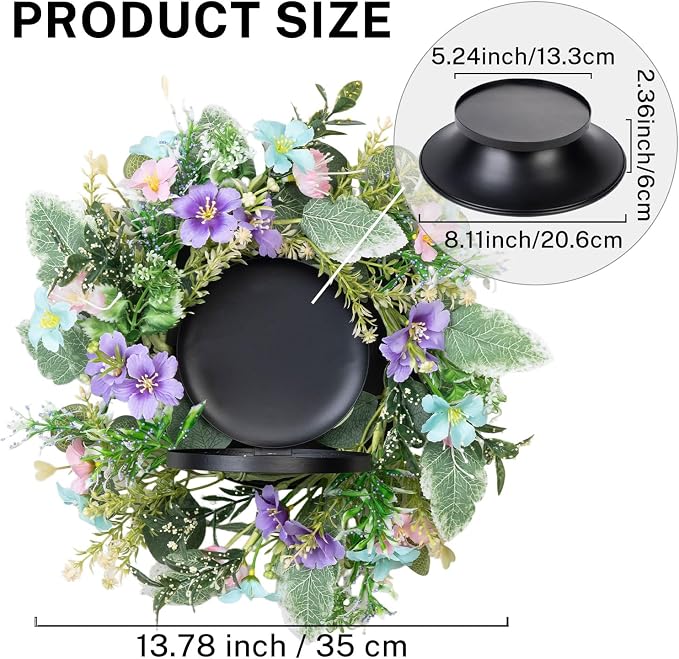 MOYEE Summer Centerpieces for Tables Candle Ring, Black Metal Candlestick with an Artificial Wreaths 14 in Versatile Dining Table Centerpiece Decor (Blue and Purple Flower Wreath)