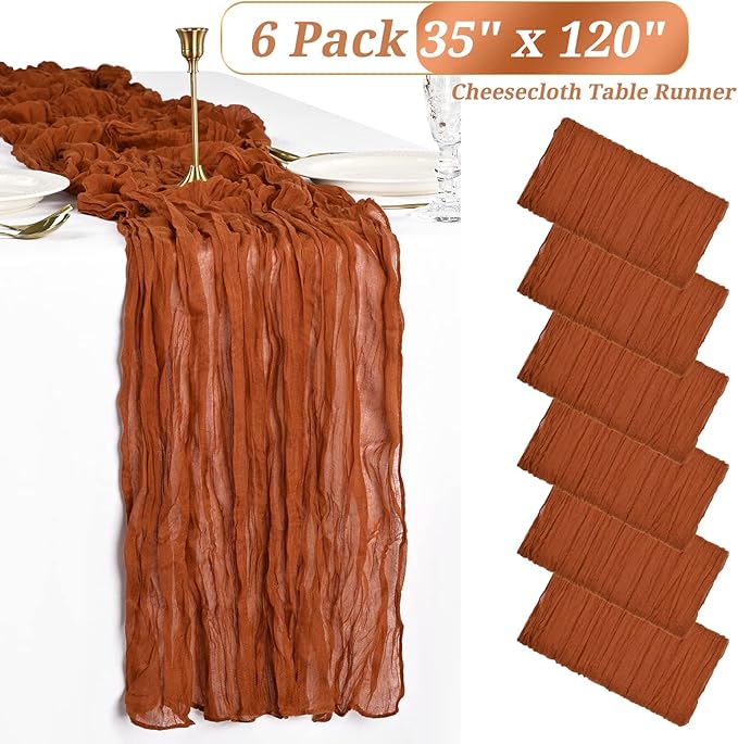 6 Pack Terracotta Cheesecloth Table Runner 35x120 Inch Long Semi-Sheer Gauze Table Runner Boho or Rustic Wedding Table Decor for Wedding Decor Arch Draping Bridal Shower Holiday Party