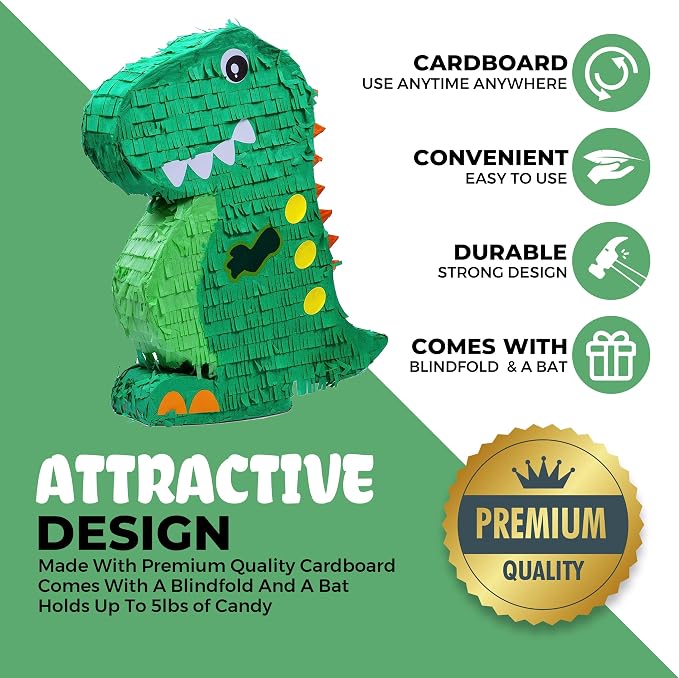 Dinosaur Pinata Bundle with a Blindfold and Bat (17x13x4 Inches), Perfect for Birthday Parties, Animal Theme Parties, Decorations