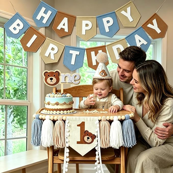 Bear 1st Birthday Decorations For Boy Girl Neutral High Chair Banner Set with Birthday Felt Banner Cake Topper Party Hat for baby first birthday