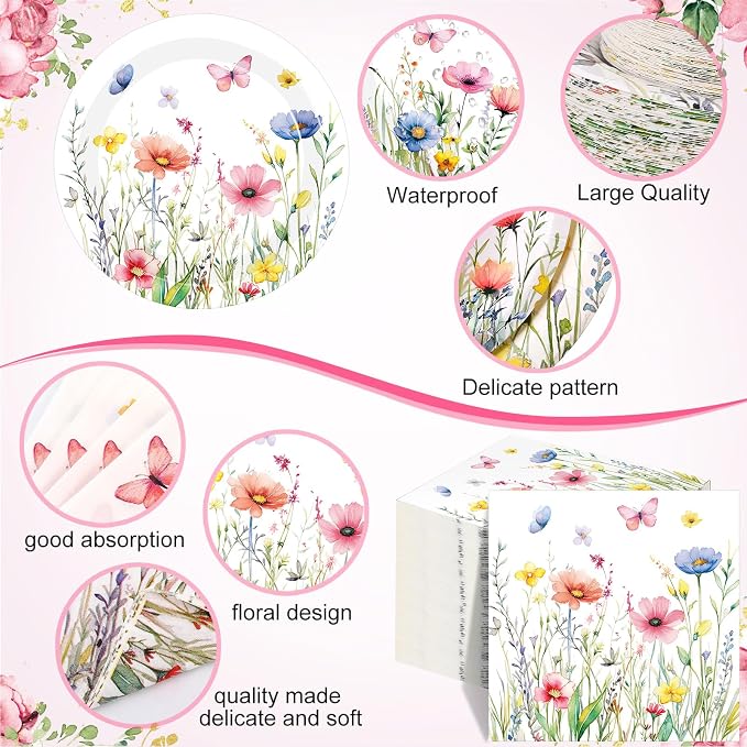 Ziliny 250 Pcs Wildflower Party Decorations Include Spring Summer Floral Paper Plates Napkins and Cups for Wildflower Baby Shower Tea Decorations, Serve 50 Guest(Colored,Vivid Style)