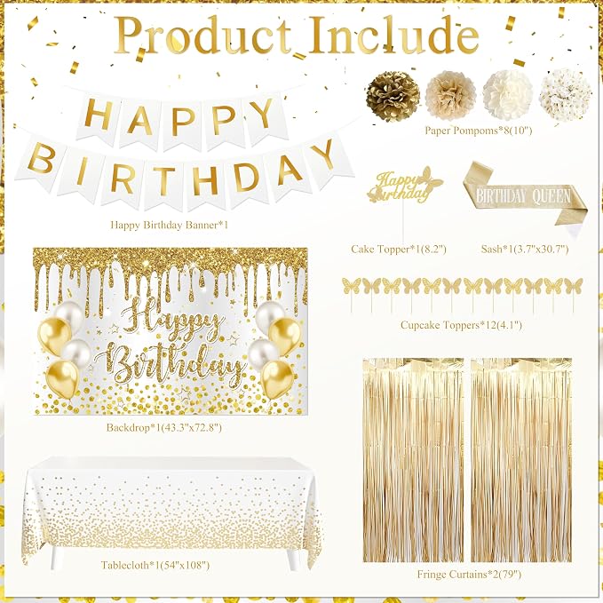 Gold Birthday Party Decorations White and Gold Birthday Decorations for Women Girls with Beige Cream Balloon Arch Sash Golden Tablecloth Banner Backdrop Cake Topper