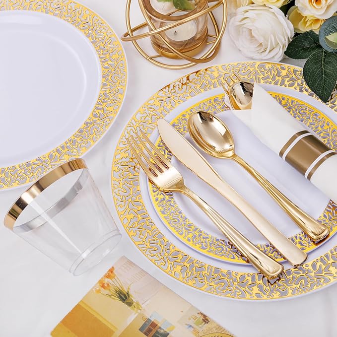 WELLIFE 175Pcs Gold Dinnerware Sets, Include:25 Dinner Plates, 25 Dessert Plates, 25 Paper Napkins, 25 Cups, 25 Plastic Cutlery Set