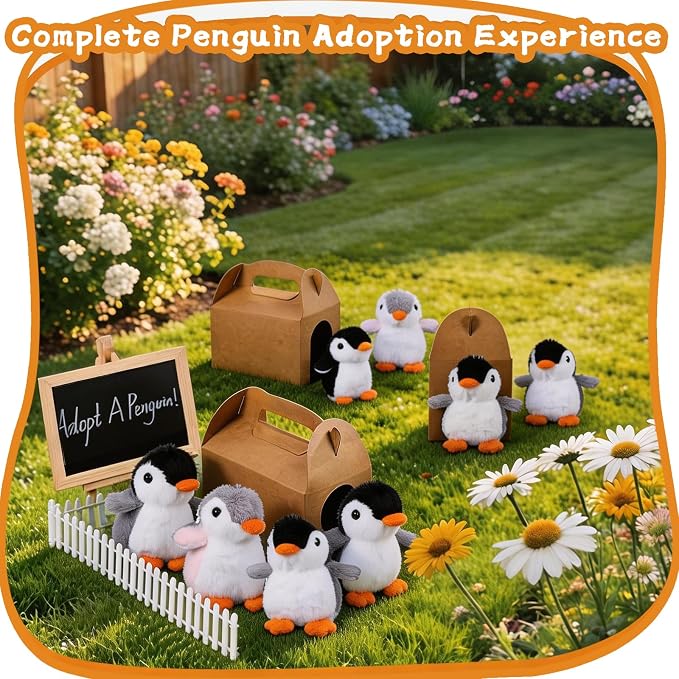 Adopt A Penguin Party Favors Mini Plush Stuffed Animals Set with 12 Plush Penguin Mini Fence Blackboard Kraft Paper Box for Adopt An Animal Themed Birthday Party