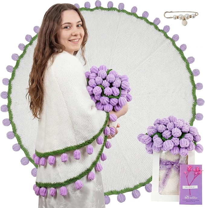 Mom Gifts for Mothers Day, Handmade Knitted Crochet Flower Bouquet Blanket, Birthday Gifts for Women, Anniversary, Wedding, Romantic Gifts for Wife Girlfriend Sister Friends, Throw Blanket, Home Decor