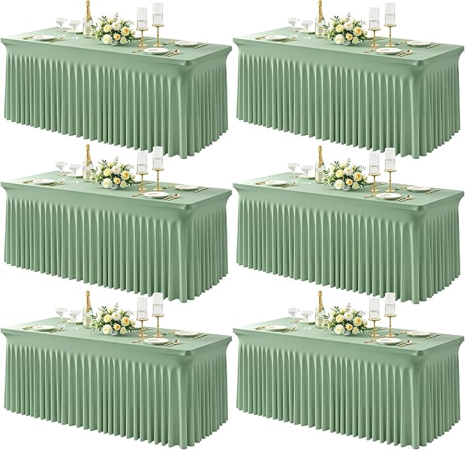 6 Packs Sage Green Spandex Tableclothes for 8 Foot Rectangle Tables, Wrinkle Free 8ft Fitted Table Cover Stretch Table Cloth Desk Skirt for Weddings Baby Shower Birthday Party Banquet Decorations