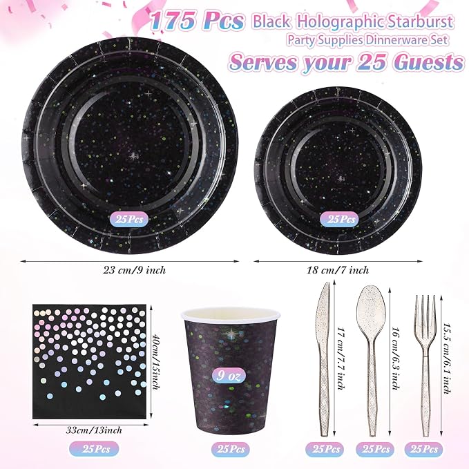 Hushee 175 Pcs 25 Guests Black Paper Party Plates and Cups Napkins Sets Holographic Glitter Disposable Dinnerware Plastic Forks Knives Spoons Birthday Bachelorette Wedding Party Supplies