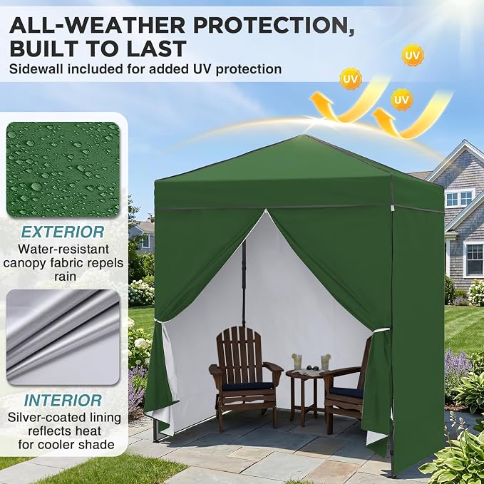 EAGLE PEAK 6x4 Instant Pop Up Canopy Tent with 4 Side Wall Panels, Straight Leg Sun Shelter, Portable Canopy with Carry Bag for Camping, Beach & Sports, Green