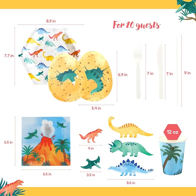 YESBOX Dinosaur Birthday Decorations Set with Dinosaur Paper Plates, Napkins, Cups, Cup Sleeves,Straw Toppers and PLA Cutlery for 20 Guests -Total 201pieces, Unique Gift for Kids