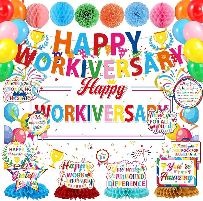 Happy Work Anniversary Decorations, 31PCS Colorful Workiversary Party Decoration Set for Employee Office, Pre-Strung Banner Backdrop Hanging Swirl Honeycomb Centerpiece Balloons Paper Poms