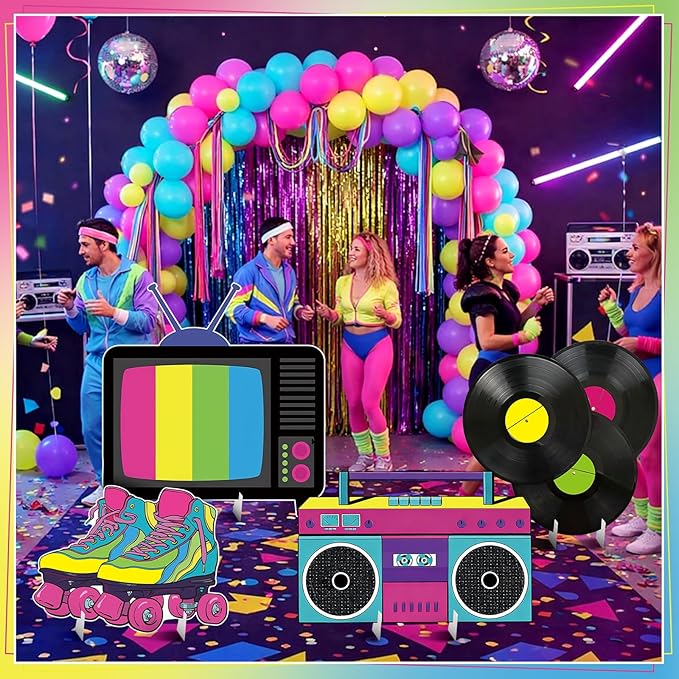 4 Pcs Large 80s Birthday Party Decoration, 23.62 Inch 1980s 90s Party Cardboard Cutout Retro Birthday Decoration for Themed Lawn Classroom Tv, Roller Skates, Radio, Records Yard Decor