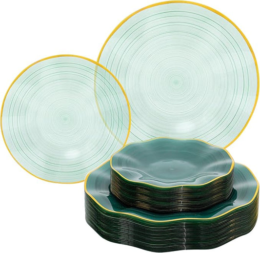 120PCS Green Plastic Plates with Gold Rim, Heavy Duty Disposable Plates, Elegant and Fancy 60 Dinner and 60 Dessert Plates for Party and Wedding