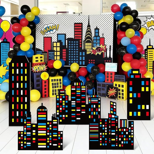 Capoda 5 Pcs Large Hero Party Decorations 16.5 to 26.4 inch Skyscraper Cardboard Cutouts Stand up Decorations City Skyline Backdrop for Hero Party Baby Shower Lawn Classroom Yard Decor