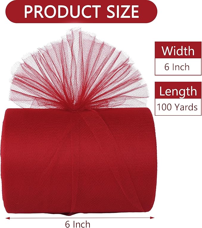 Red Tulle Ribbon 6 Inch x 100 Yards Soft Mesh Fabric for DIY Crafts Wedding Decorations Sewing Gift Wrapping and More