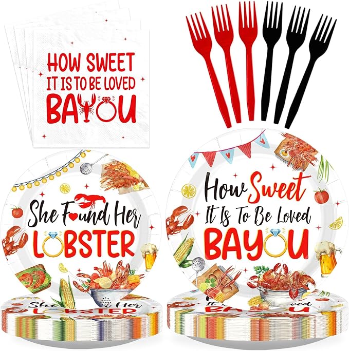 96 Pcs How Sweet It is to be Loved Bayou Party Decoration Louisiana Cajun Themed Plates and Napkins Crawfish Bridal Shower Tableware Set for Bachelorette Wedding Party Supplies, Serves 24