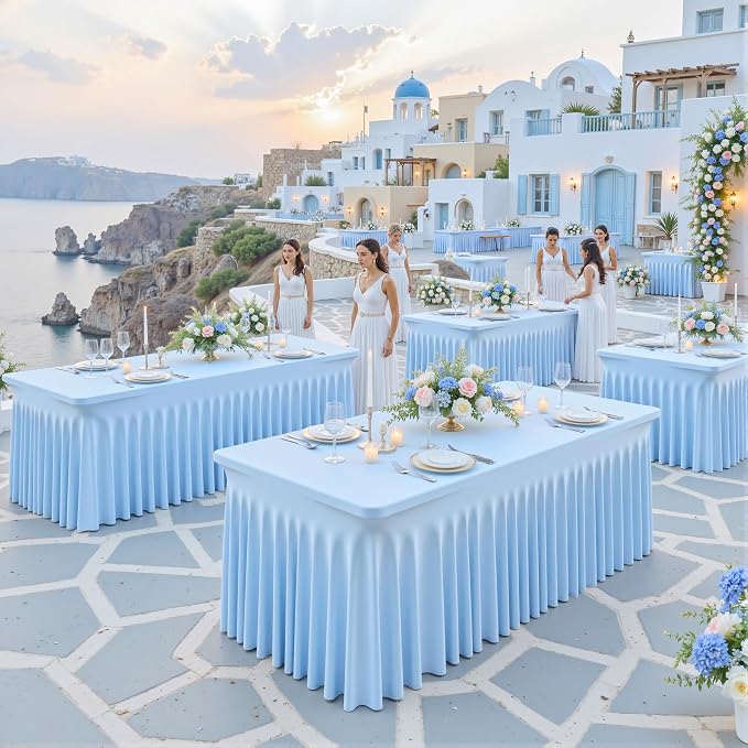 gogoparti 4 Pack Spandex Baby Blue Fitted Table Cloth for 8ft Rectangle Tables Light Blue Stretch Tablecloth Banquet Table Covers Wrinkle Free Tablecloths for Parties Wedding