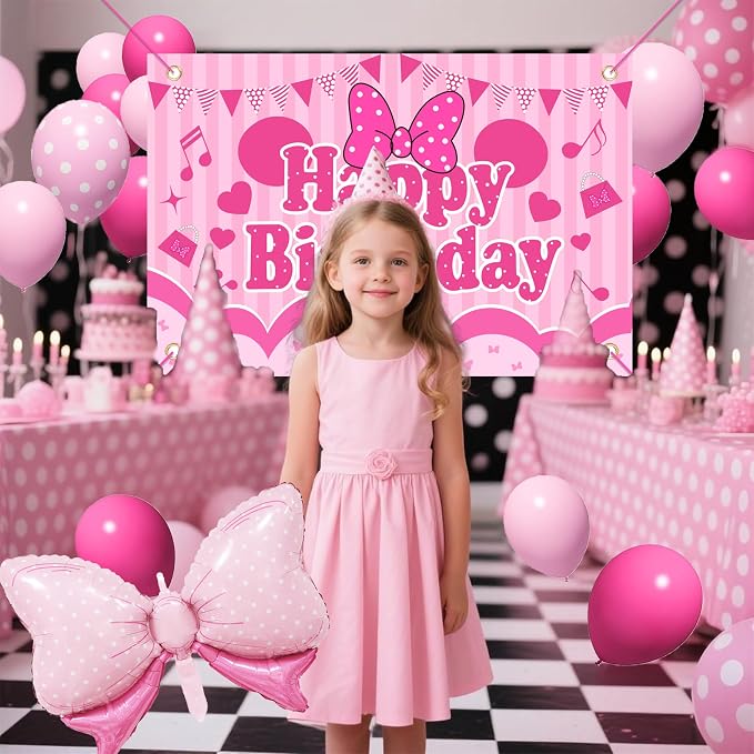 Pink Polka Dot Birthday Decorations for Girls, Cartoon Mouse Theme Party Supplies Include Balloon Arch Garland, Bow Backdrop, Tablecloth, Cake Toppers, Large Foil Bow Balloon for 1st 2nd 3rd