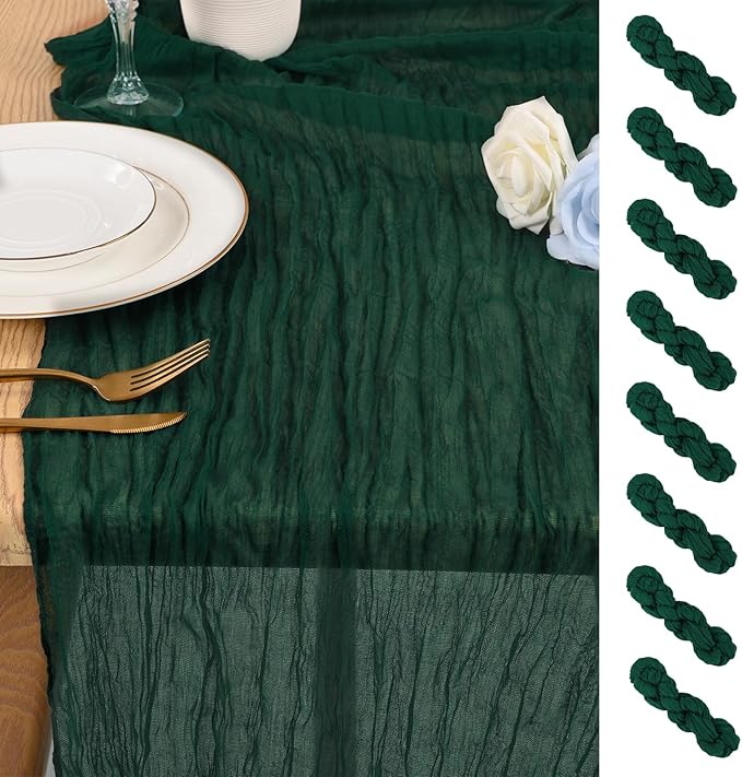 8 Pack 10Ft Cheesecloth Table Runner Dark Green, 20 x 120 Inch Rustic Gauze Boho Cheese Cloth Wedding Long Table Runner for Wedding Party Bridal Shower Decoration