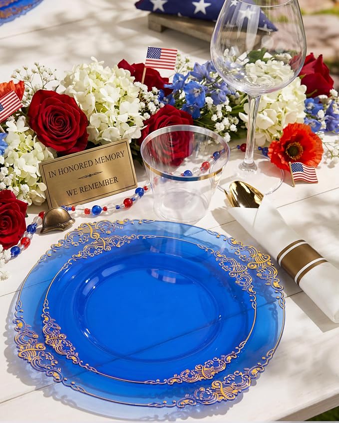 Nervure 175PCS Blue Plastic Plates - Disposable Blue Gold Party Plates & Pre Rolled Napkins with Cutlery for 25 Guests, 50Plates, 75Silverware, 25Cups, 25Napkin for Wedding & Party & Memorial Day