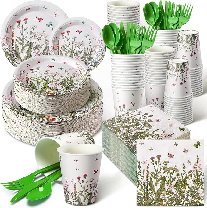 Hushee 324 Wildflower Party Supplies Paper Plates and Napkins Disposable Spring Floral Baby Shower Birthday Tableware for Spring Summer Picnic Birthday Wedding Tea Party Serves 36