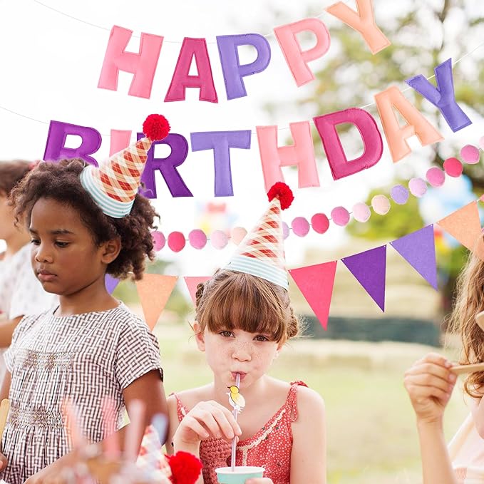 CANREVEL Pre-Strung 3D Rainbow Happy Birthday Banner, 3 PCS Happy Birthday Felt Sign, Pom Pom Garland, Triangle Fabric Bunting, Colorful Reusable Birthday Decorations for Women Men Girls Boys, Purple