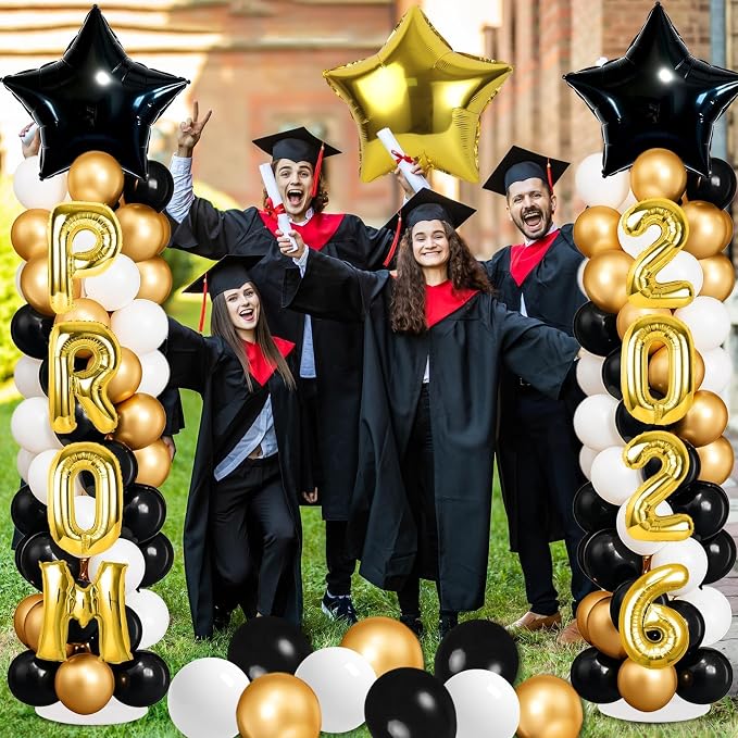 2 Sets Black Gold Balloon Column Stand Kit with Balloons Prom Send off 2026 Prom Themed Decoration Black Gold Balloon Tower Stand for Floor Grad School & College Celebration Party Supplies