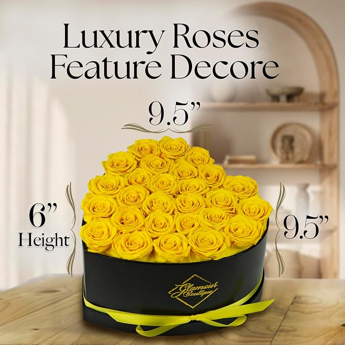GLAMOUR BOUTIQUE 27 Flower Forever Heart Shape Box, Mothers Day Gift For Mom, Eternal Preserved Roses Gift for Her, Flowers bouquet, For Birthday, Anniversary, Girlfriend - Yellow (Color-Treated)