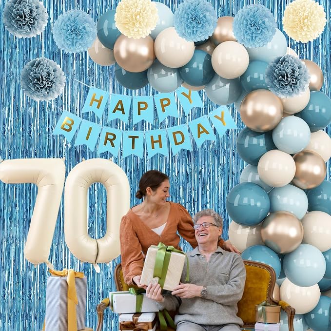 Dusty Blue 70th Birthday Party Decorations for Women Men Beige Cream Number 70 Balloon with Blue Gold Happy Birthday Banner Fringe Curtain Paper Pom Poms Nude White Sand Champagne Star Foil Balloons