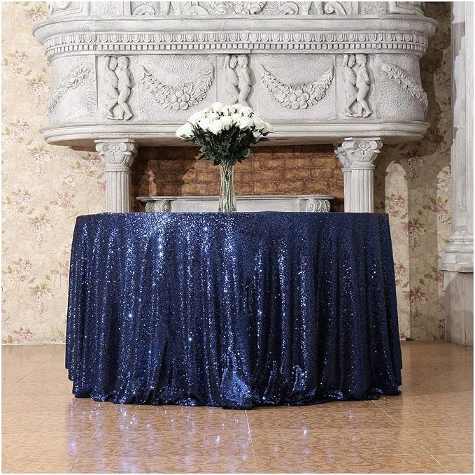 Poise3EHome 90 Inch Round Navy Blue Sequin Tablecloth for Party Cake Dessert Table Exhibition Events