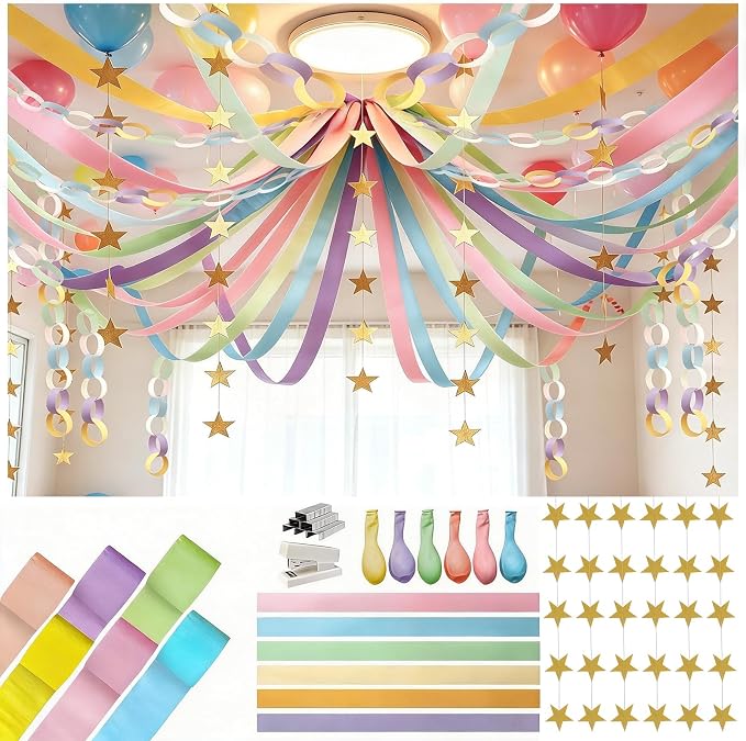 Pastel Birthday Party Decorations Kit with 492ft Crepe Paper Streamers, 300 Paper Chain Strips, 78.6ft Gold Star Garland and 30 Pastel Balloons for Wedding Birthday Party DIY Crafts Hanging Decor