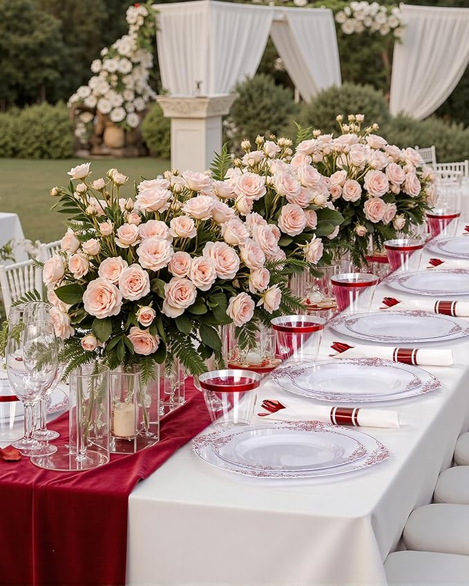 Nervure 175PCS Red Plastic Plates - White Red Plastic Dinnerware Sets for 25 Guests - 50 Red Disposable Plates, 25 Pre Rolled Cutlery Set, 25 Cups Perfect for Wedding, Party & Mother's Day