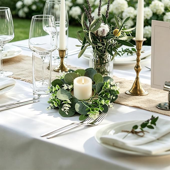 6 Pack Artificial Eucalyptus Candle Rings Wreaths with Burlap Bow, 4.3 Inch Mini Wreaths for Pillar Candles, Window & Chair Decor, Greenery Candle Rings for Wedding Centerpieces, Home Decor