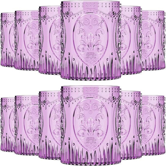 Qinyoung 12 Plastic Vintage Drinking Glasses 8.5oz Stemless Retro Embossed Wine Glasses Shatterproof Reusable Cups for Baby Shower Wedding Reception Grand Event Party (Purple)