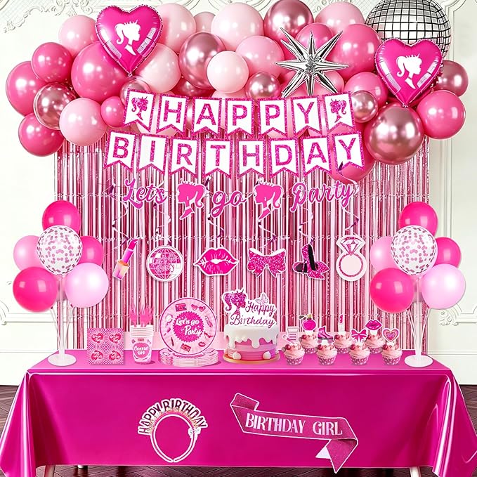 Hot Pink Birthday Party Decorations Supplies 187Pcs Serve 20 Guests, All In One Party Kit with Tableware, Decorations, Cake Topper, Photo Props for little Girls, Girls & Women Birthday Party