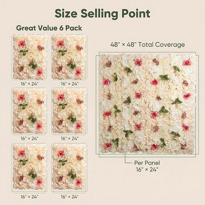 3D Flower Wall Backdrop - 6Pcs 16×24 Inch Artificial Rose Panels Champagne Silk Floral Decor for Home Party Wedding Anniversary Birthday Photographic Studio Background & Decorative Fences